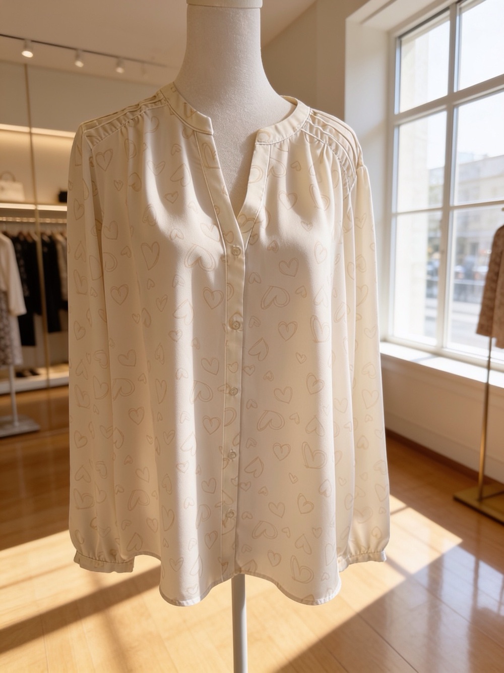 Cream Heart-Print Button Front Blouse Women’s L